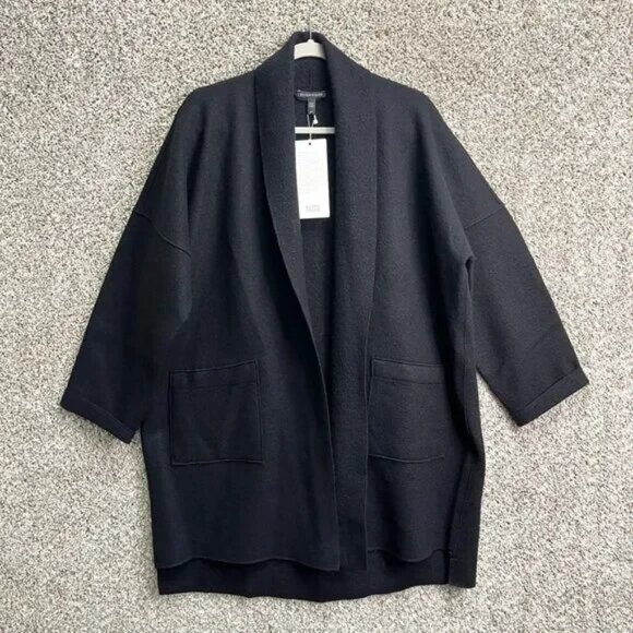 Eileen Fisher Coat Women’s S Black 100% Boiled Wool Open Front Oversized Kimono - Picture 1 of 9